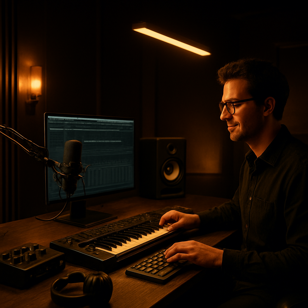 Music creator contacting PitchSynch from a professional studio workspace.