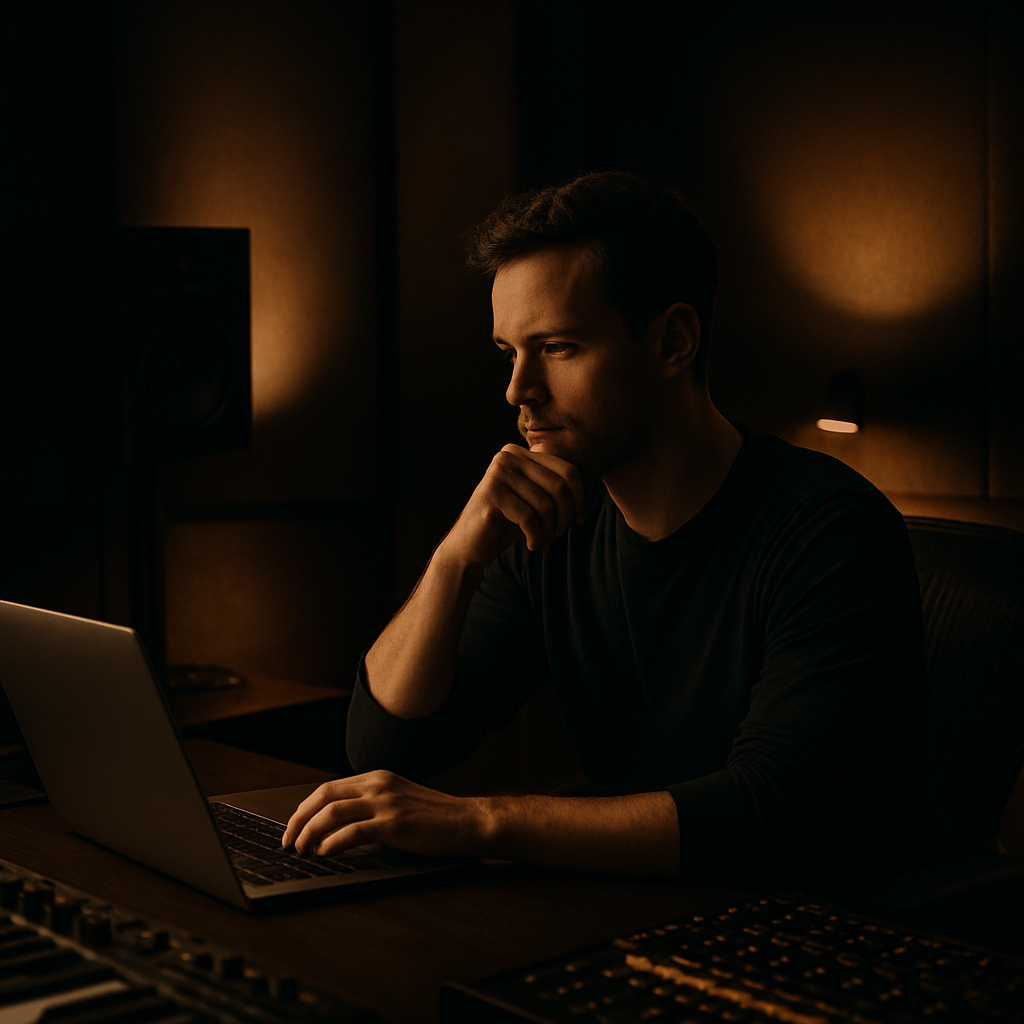 Music creator reviewing sync licensing questions in a studio workspace.