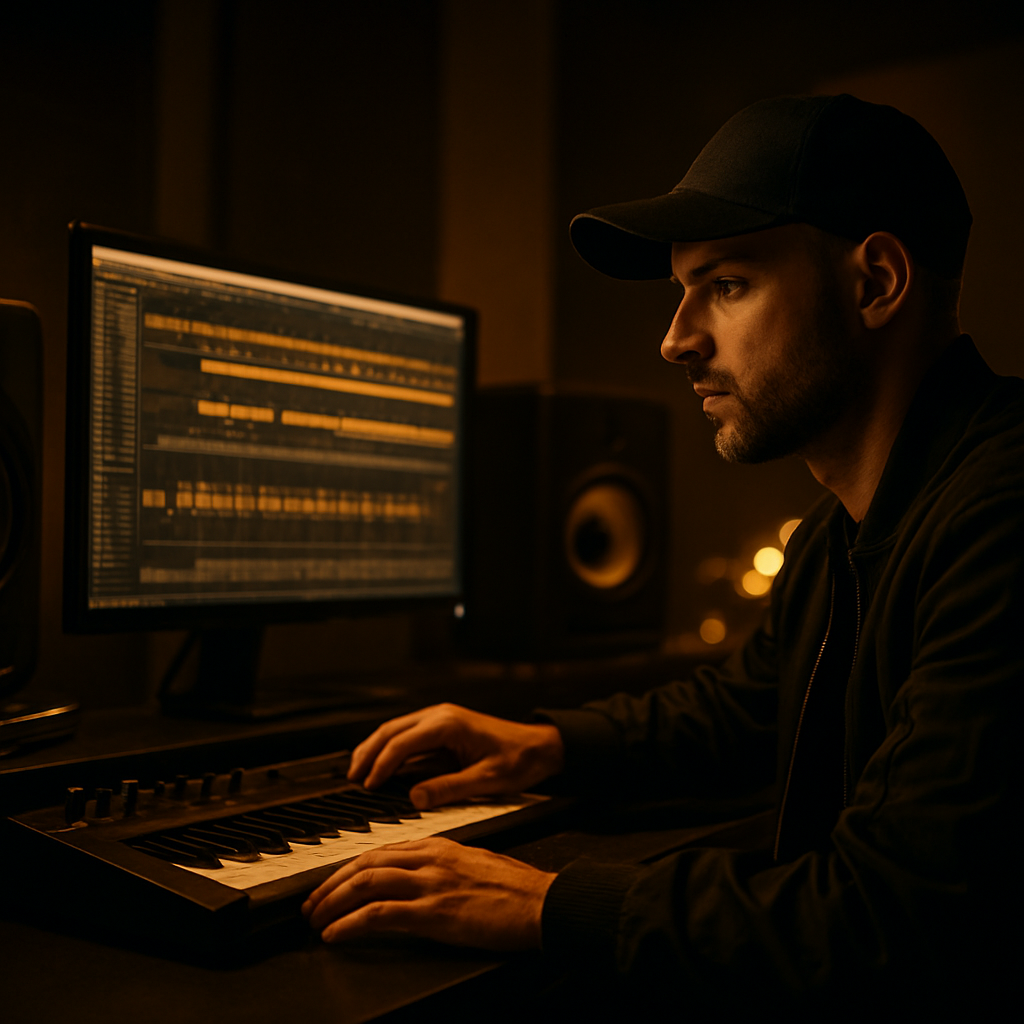 Music producer organizing beats and instrumentals for sync licensing.