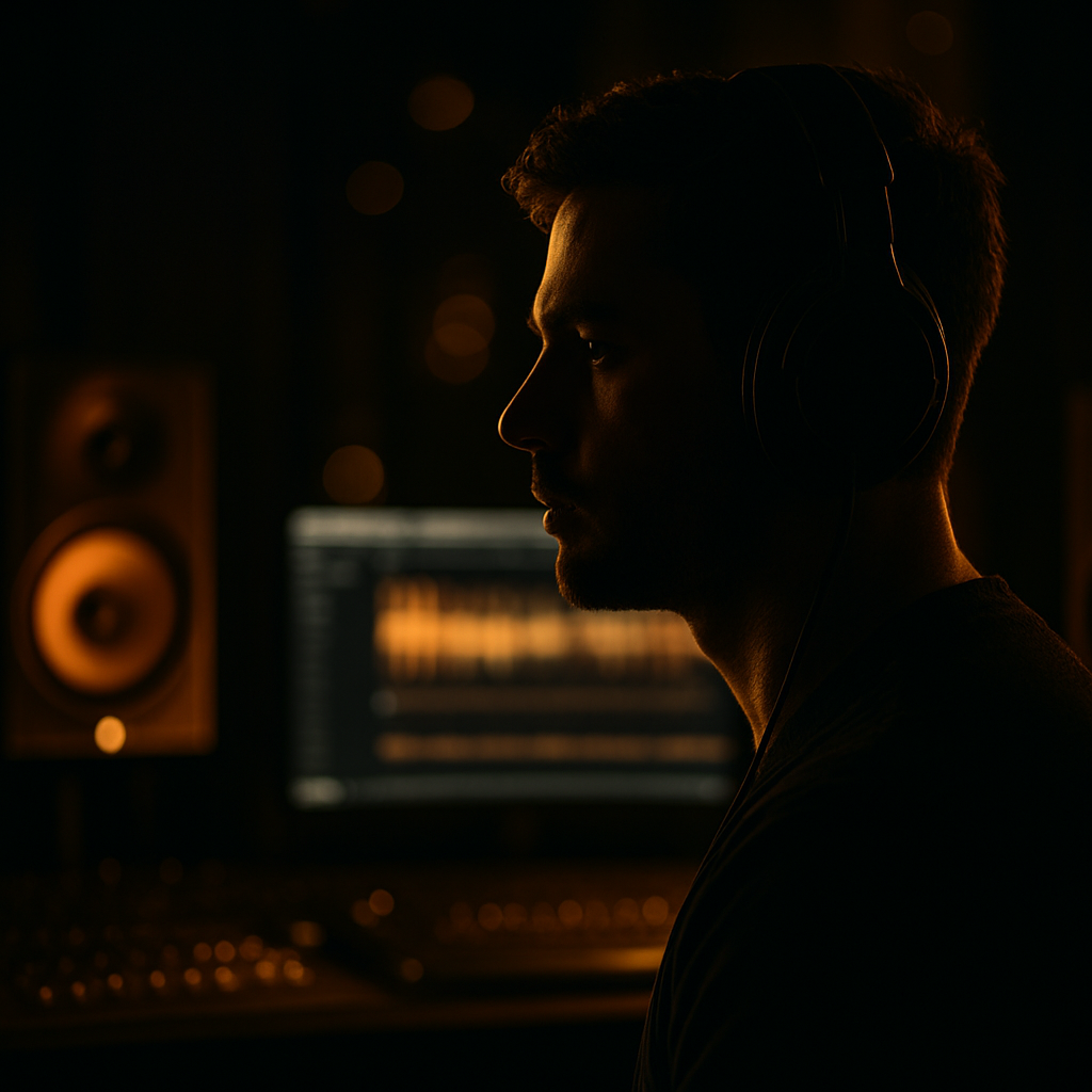 Independent music creator in a professional studio using PitchSynch for sync licensing opportunities