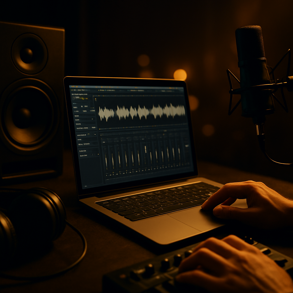 Music creator workflow from catalog upload to sync placement.